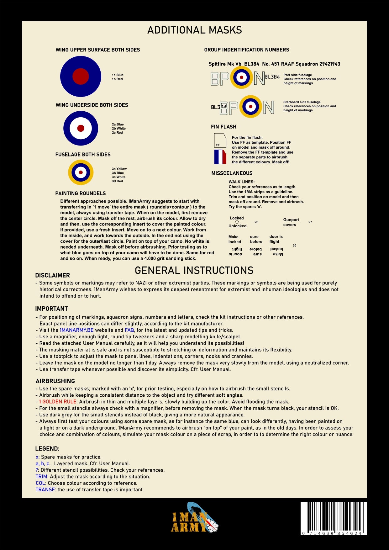 1ManArmy Border Supermarine Spitfire Mk.Vb 1/35 Basic Markings & Stencil High-Definition Paint Masks, 35DET001