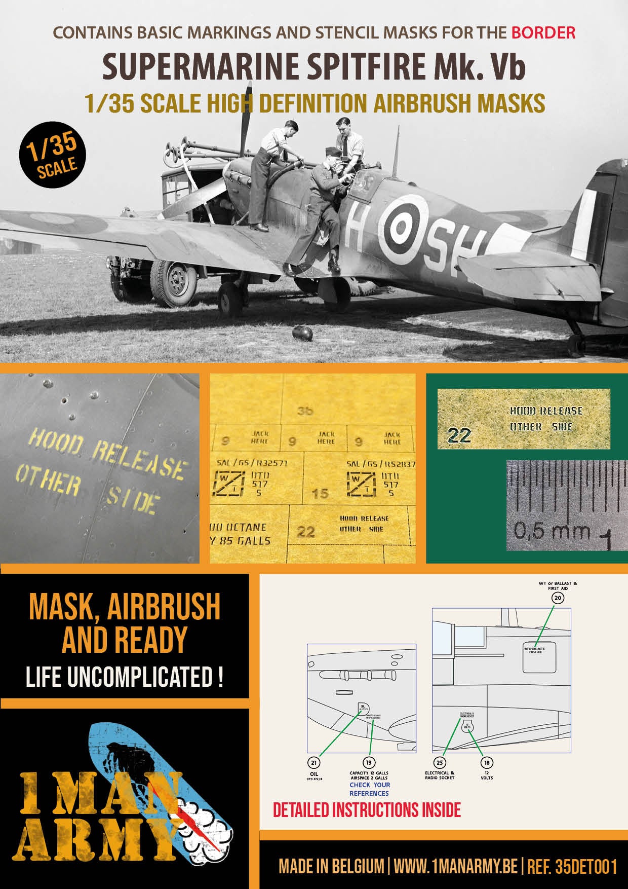 1ManArmy Border Supermarine Spitfire Mk.Vb 1/35 Basic Markings & Stencil High-Definition Paint Masks, 35DET001