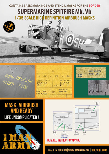 1ManArmy Border Supermarine Spitfire Mk.Vb 1/35 Basic Markings & Stencil High-Definition Paint Masks, 35DET001