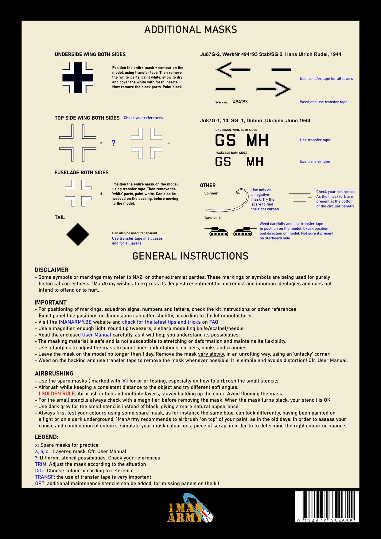 1ManArmy Border Junkers Ju87G "Stuka" 1/35 Basic Markings & Stencil High-Definition Paint Masks, 35DET002