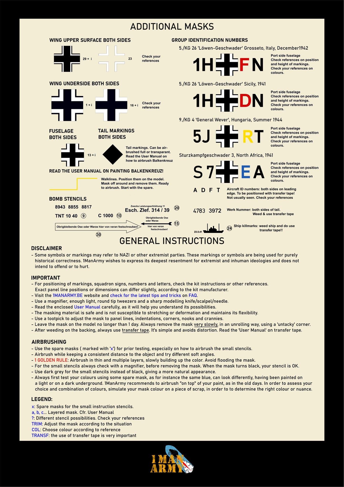 1ManArmy Border He 111 H-6 1/35 Basic Markings & Stencil High Definition Paint Masks, 35DET006