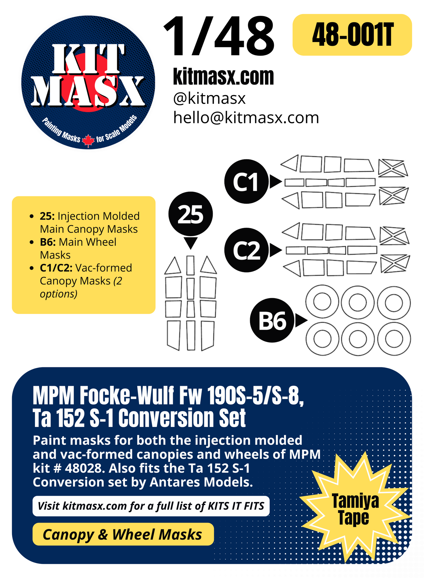 MPM Focke-Wulf Fw 190S-5/S-8, Ta 152 S-1 Conversion Set 1/48 Canopy & Wheel Paint Masks, Kit # 48028