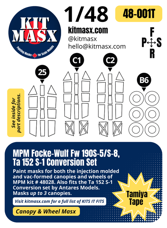 MPM Focke-Wulf Fw 190S-5/S-8, Ta 152 S-1 Conversion Set 1/48 Canopy & Wheel Paint Masks, Kit # 48028 (48001)