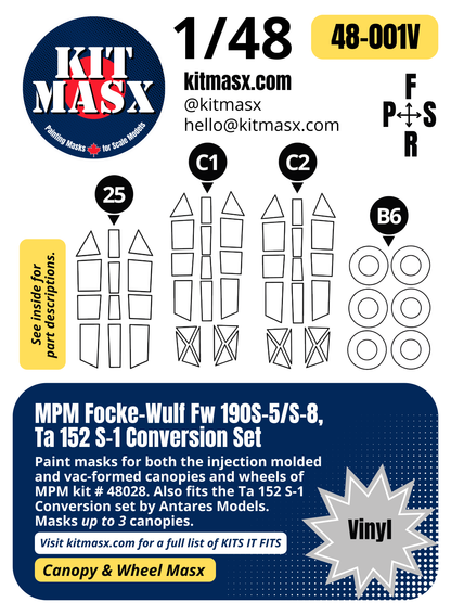 MPM Focke-Wulf Fw 190S-5/S-8, Ta 152 S-1 Conversion Set 1/48 Canopy & Wheel Paint Masks, Kit # 48028 (48001)