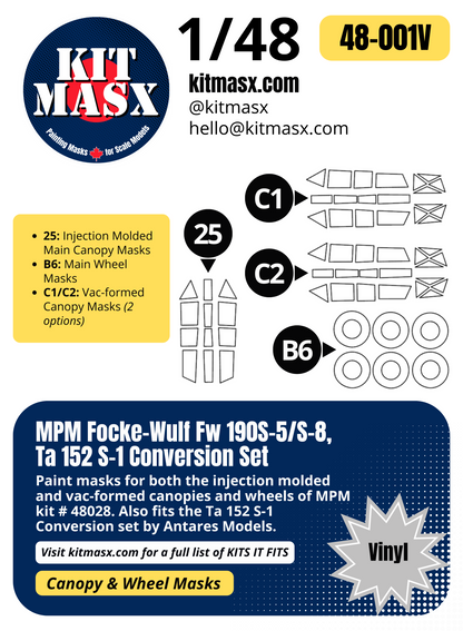 MPM Focke-Wulf Fw 190S-5/S-8, Ta 152 S-1 Conversion Set 1/48 Canopy & Wheel Paint Masks, Kit # 48028