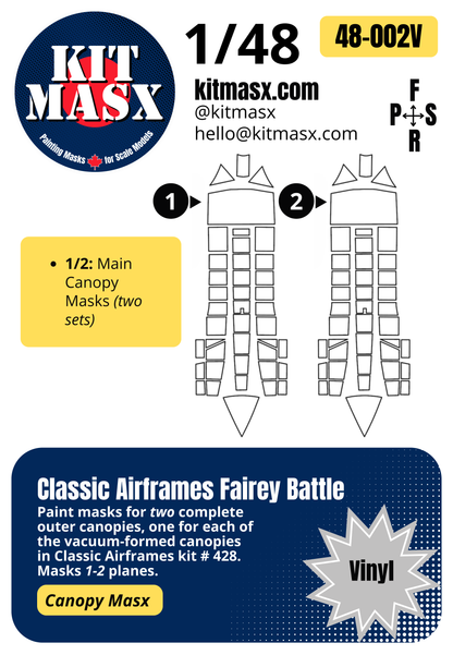 Classic Airframes Fairey Battle 1/48 Canopy Paint Masks, Kit # 428 (48002)