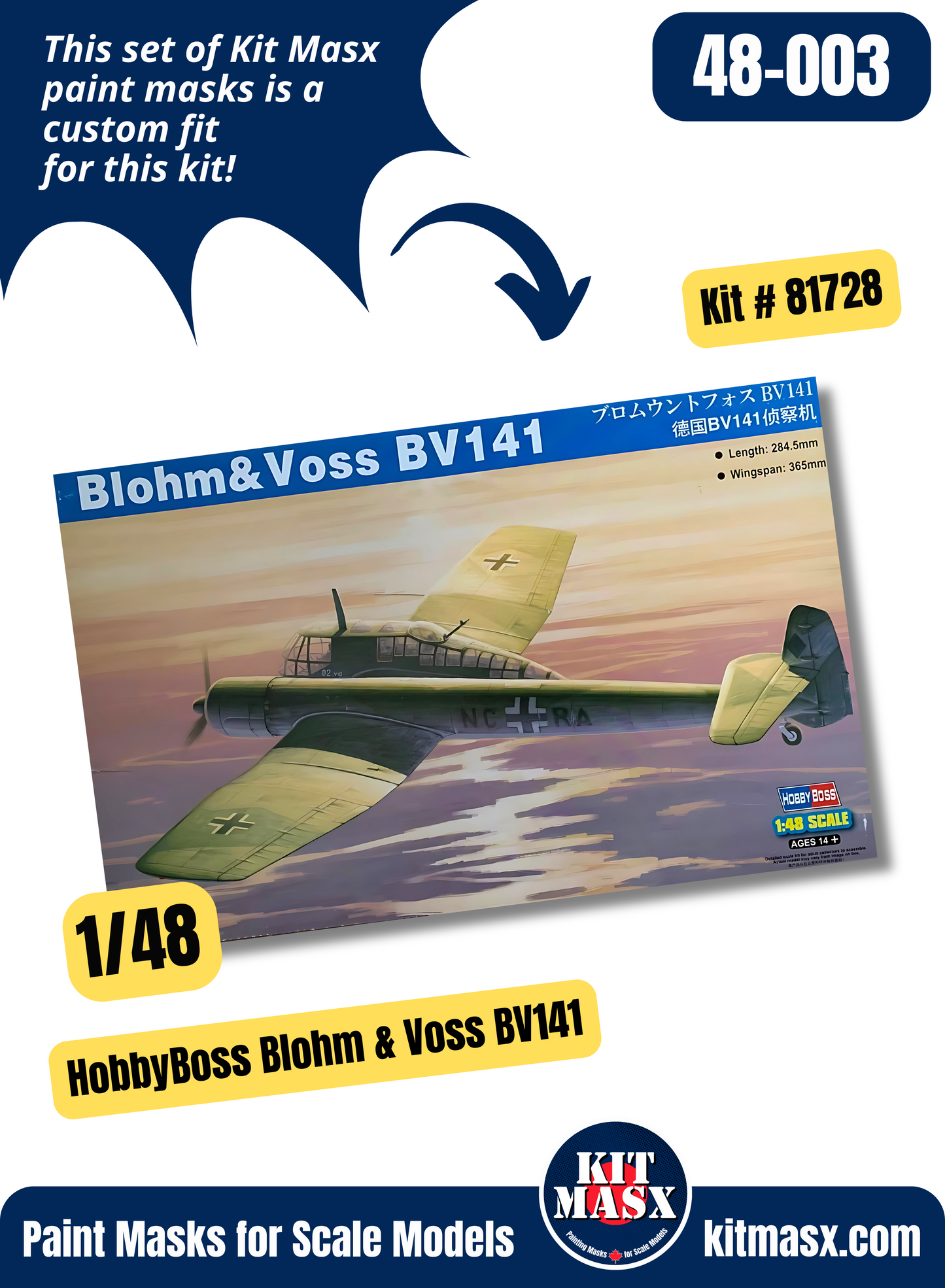 HobbyBoss Blohm & Voss BV141 1/48 Canopy Paint Masks, Kit # 81728