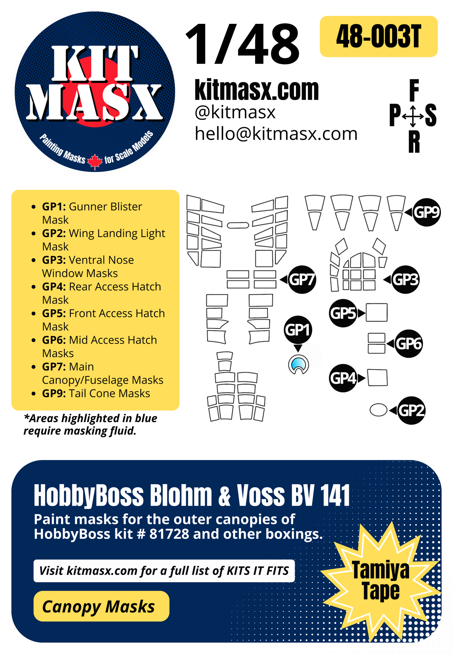 HobbyBoss Blohm & Voss BV141 1/48 Canopy Paint Masks, Kit # 81728