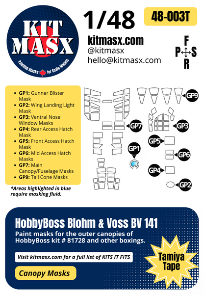 HobbyBoss Blohm & Voss BV141 1/48 Canopy Paint Masks, Kit # 81728