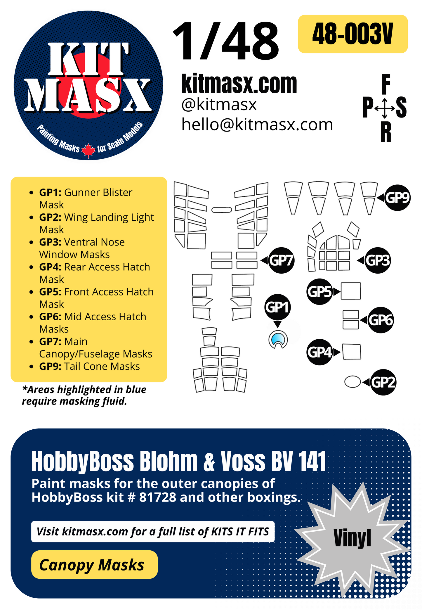 HobbyBoss Blohm & Voss BV141 1/48 Canopy Paint Masks, Kit # 81728