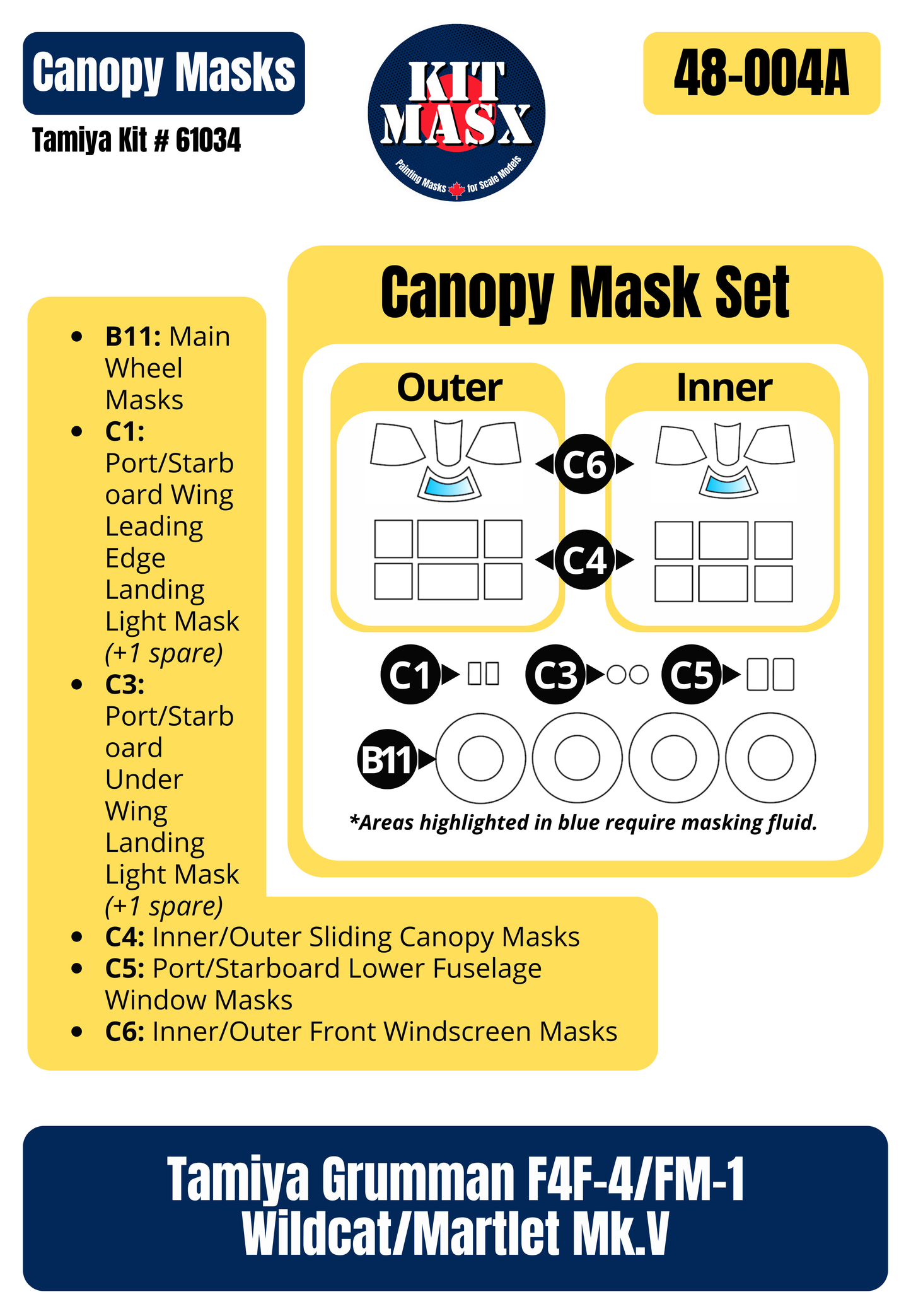 Tamiya Grumman F4F-4 Wildcat “VF-41”, ”VMF-223”, ”VGF-29”, ”VF-22” 1/48 All-in-One Master Mask Set, Kit # 61034