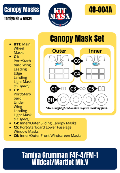Tamiya Grumman F4F-4 Wildcat “VF-41”, ”VMF-223”, ”VGF-29”, ”VF-22” 1/48 All-in-One Master Mask Set, Kit # 61034