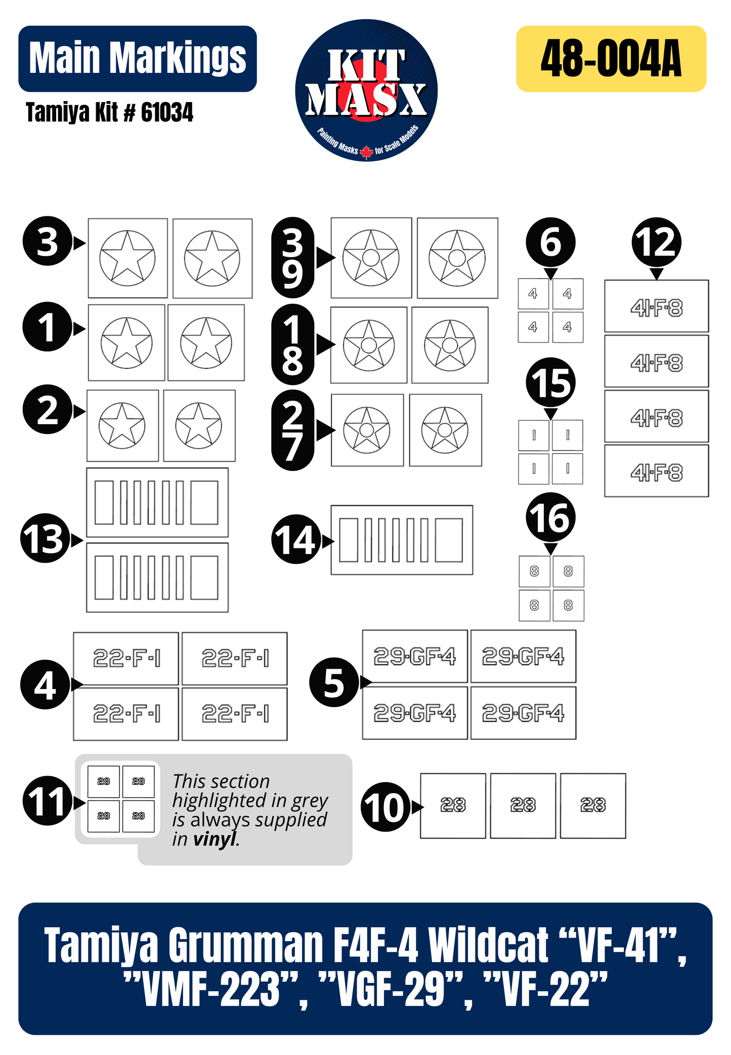 Tamiya Grumman F4F-4 Wildcat “VF-41”, ”VMF-223”, ”VGF-29”, ”VF-22” 1/48 All-in-One Master Mask Set, Kit # 61034