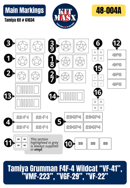Tamiya Grumman F4F-4 Wildcat “VF-41”, ”VMF-223”, ”VGF-29”, ”VF-22” 1/48 All-in-One Master Mask Set, Kit # 61034