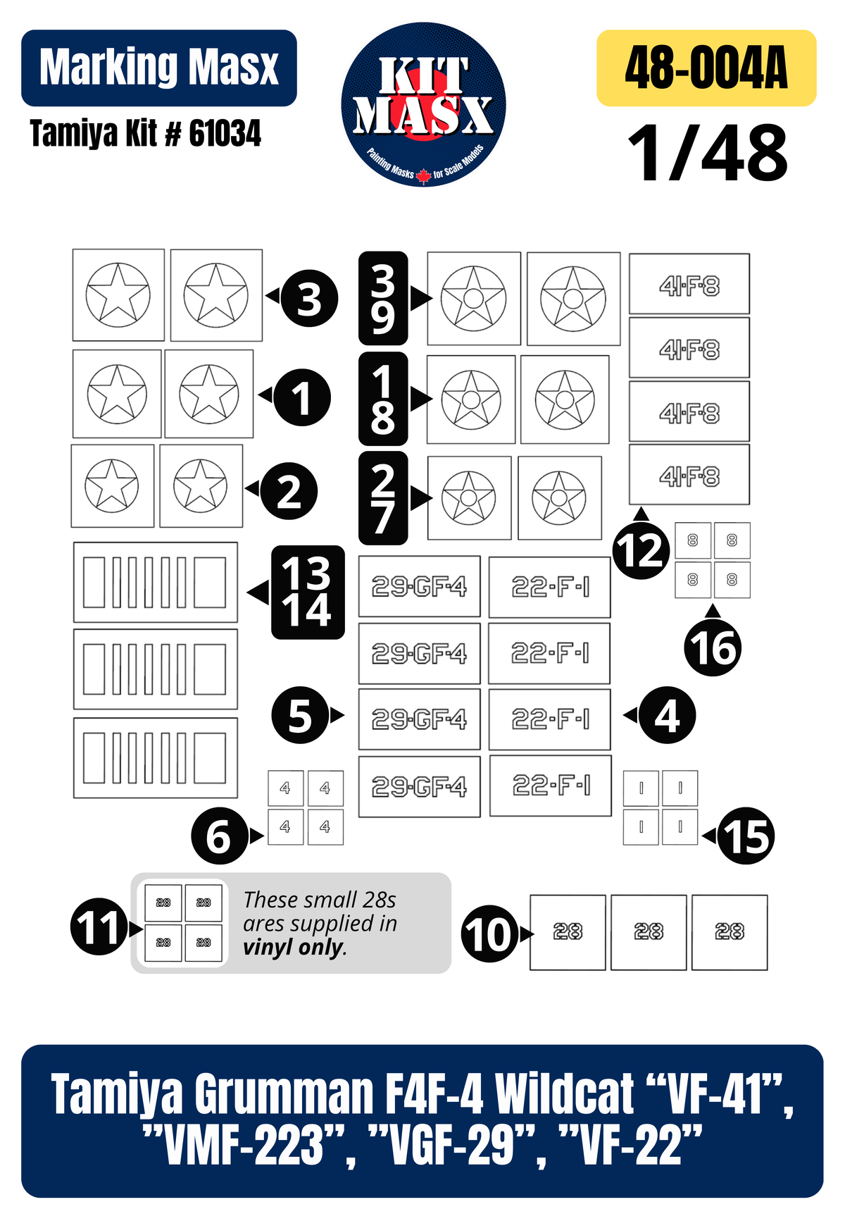 Tamiya Grumman F4F-4 Wildcat “VF-41”, ”VMF-223”, ”VGF-29”, ”VF-22” 1/48 All-in-One Master Mask Set, Kit # 61034 (48004A)