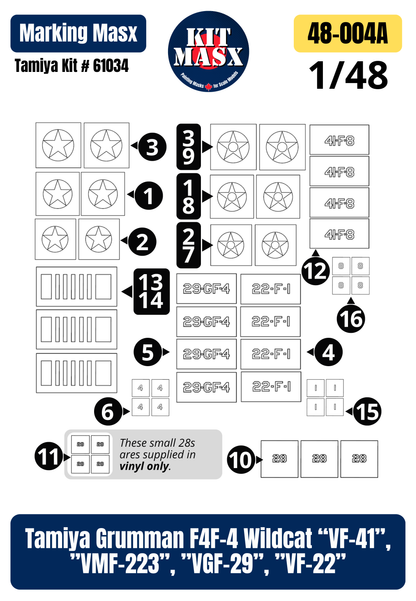 Tamiya Grumman F4F-4 Wildcat “VF-41”, ”VMF-223”, ”VGF-29”, ”VF-22” 1/48 All-in-One Master Mask Set, Kit # 61034 (48004A)