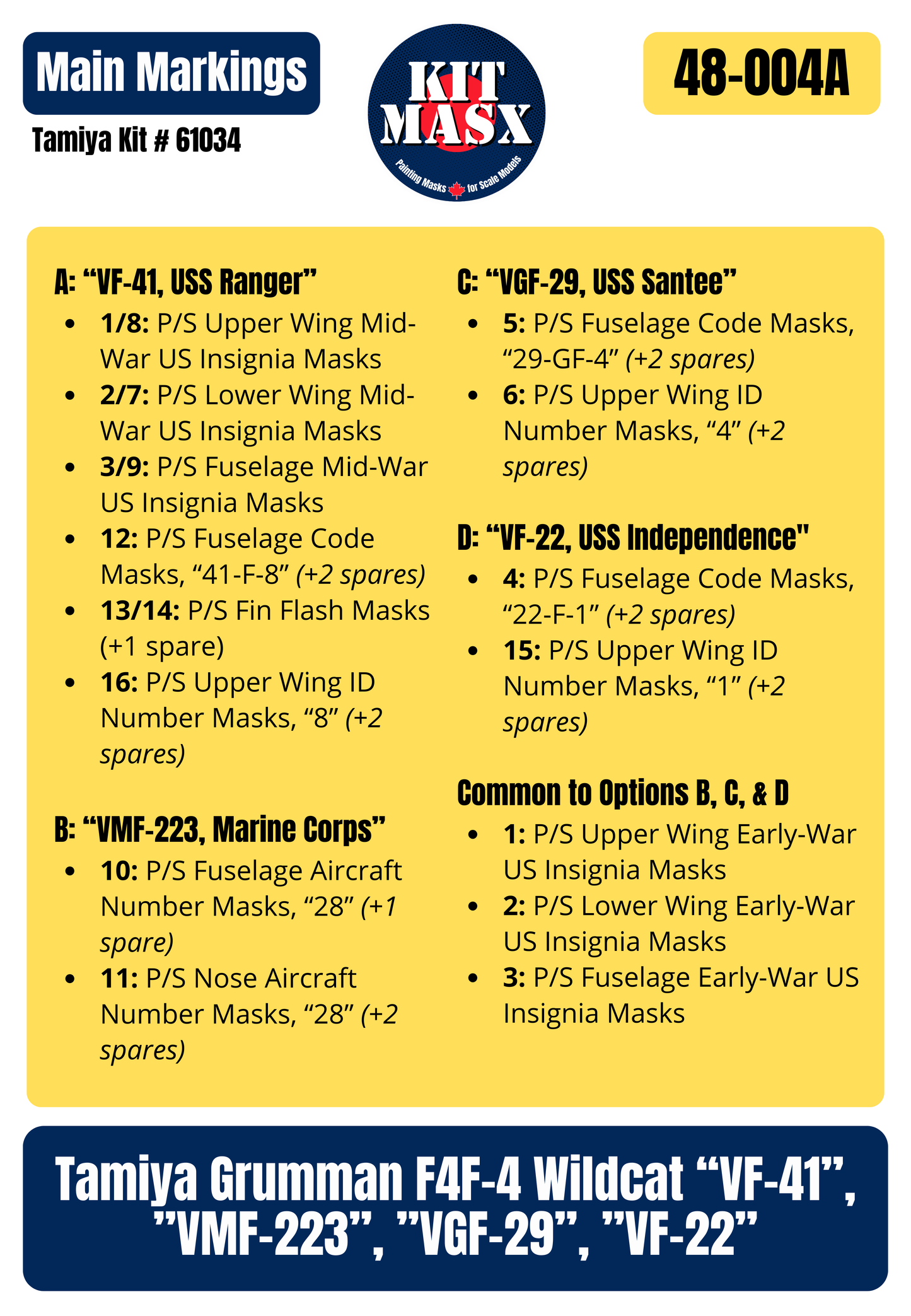 Tamiya Grumman F4F-4 Wildcat “VF-41”, ”VMF-223”, ”VGF-29”, ”VF-22” 1/48 All-in-One Master Mask Set, Kit # 61034