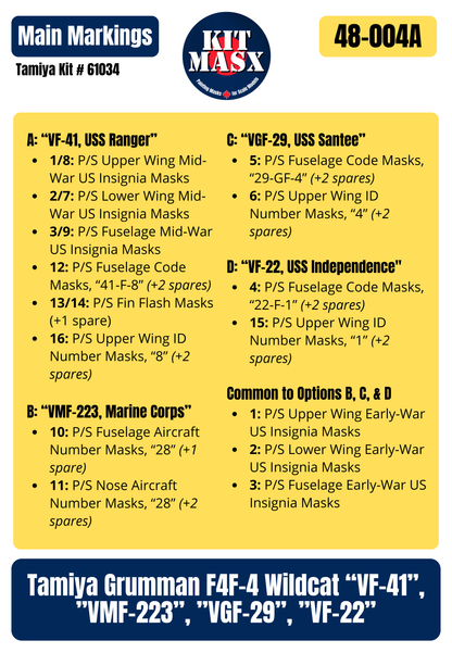 Tamiya Grumman F4F-4 Wildcat “VF-41”, ”VMF-223”, ”VGF-29”, ”VF-22” 1/48 All-in-One Master Mask Set, Kit # 61034