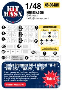 Tamiya Grumman F4F-4 Wildcat “VF-41”, ”VMF-223”, ”VGF-29”, ”VF-22” 1/48 All-in-One Master Mask Set, Kit # 61034