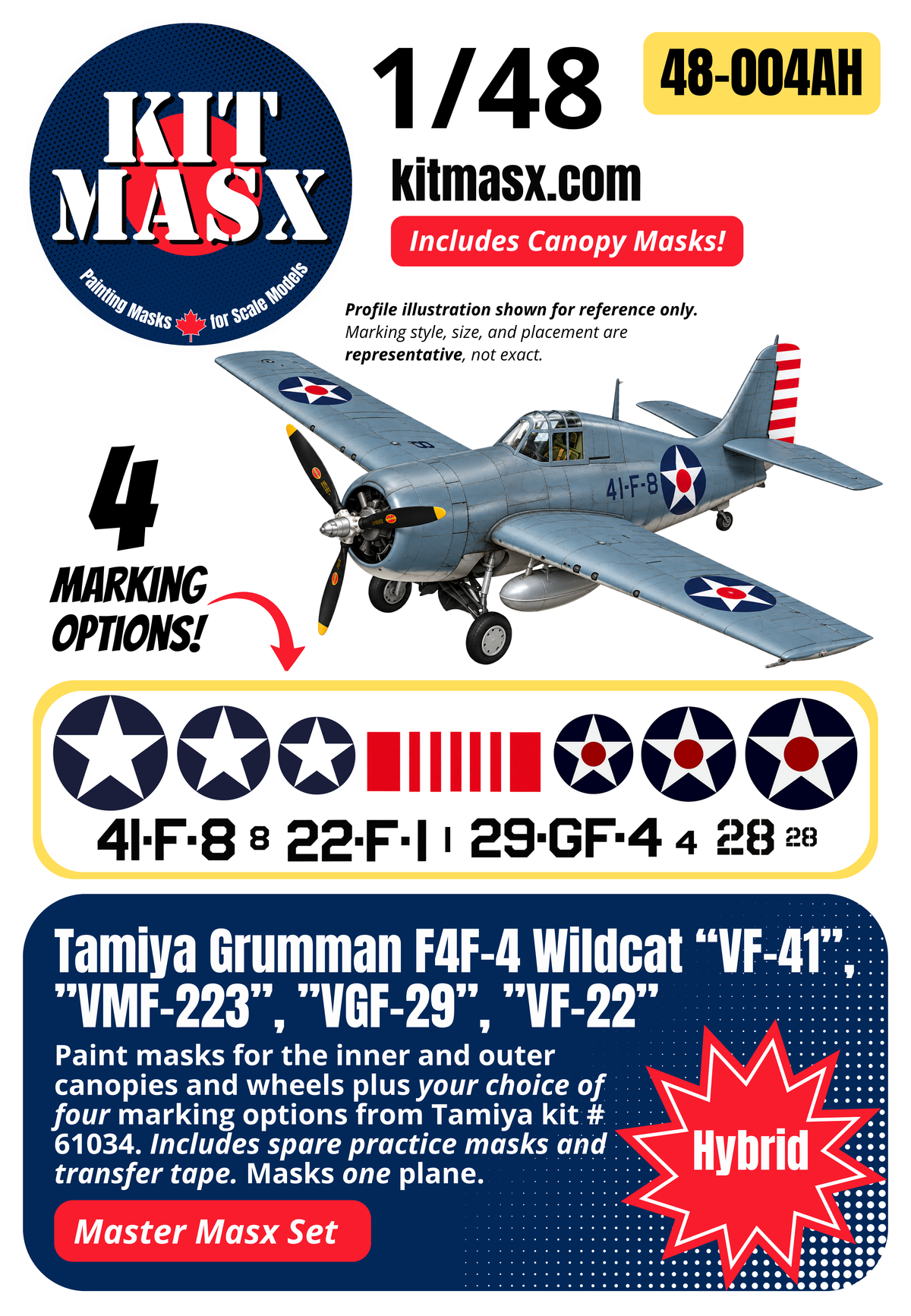 Tamiya Grumman F4F-4 Wildcat “VF-41”, ”VMF-223”, ”VGF-29”, ”VF-22” 1/48 All-in-One Master Mask Set, Kit # 61034 (48004A)