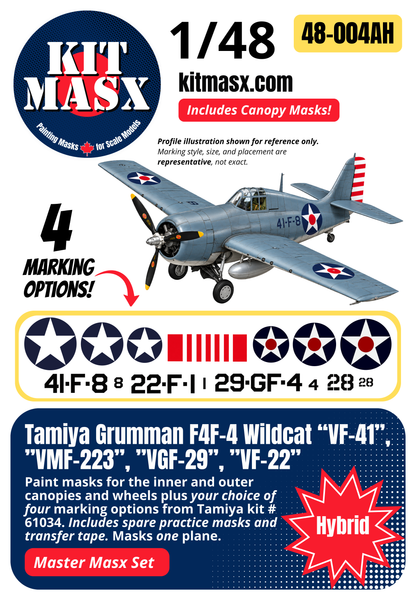 Tamiya Grumman F4F-4 Wildcat “VF-41”, ”VMF-223”, ”VGF-29”, ”VF-22” 1/48 All-in-One Master Mask Set, Kit # 61034 (48004A)