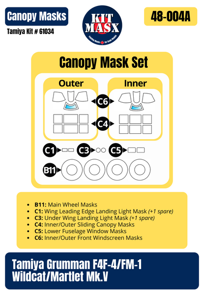 Tamiya Grumman F4F-4 Wildcat “VF-41”, ”VMF-223”, ”VGF-29”, ”VF-22” 1/48 All-in-One Master Mask Set, Kit # 61034