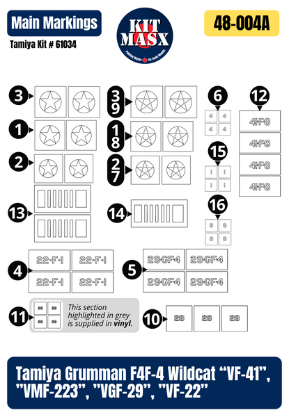 Tamiya Grumman F4F-4 Wildcat “VF-41”, ”VMF-223”, ”VGF-29”, ”VF-22” 1/48 All-in-One Master Mask Set, Kit # 61034