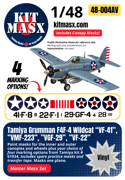 Tamiya Grumman F4F-4 Wildcat “VF-41”, ”VMF-223”, ”VGF-29”, ”VF-22” 1/48 All-in-One Master Mask Set, Kit # 61034 (48004A)
