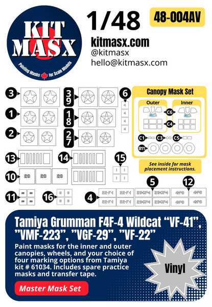 Tamiya Grumman F4F-4 Wildcat “VF-41”, ”VMF-223”, ”VGF-29”, ”VF-22” 1/48 All-in-One Master Mask Set, Kit # 61034