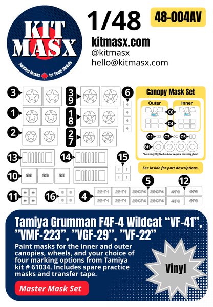 Tamiya Grumman F4F-4 Wildcat “VF-41”, ”VMF-223”, ”VGF-29”, ”VF-22” 1/48 All-in-One Master Mask Set, Kit # 61034
