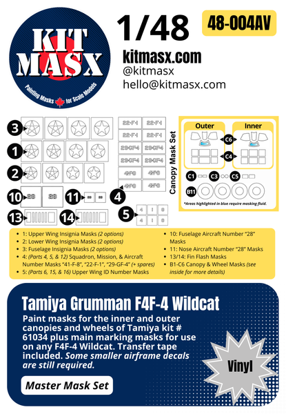 Tamiya Grumman F4F-4 Wildcat 1/48 Canopy, Wheels, & Main Marking Paint Masks