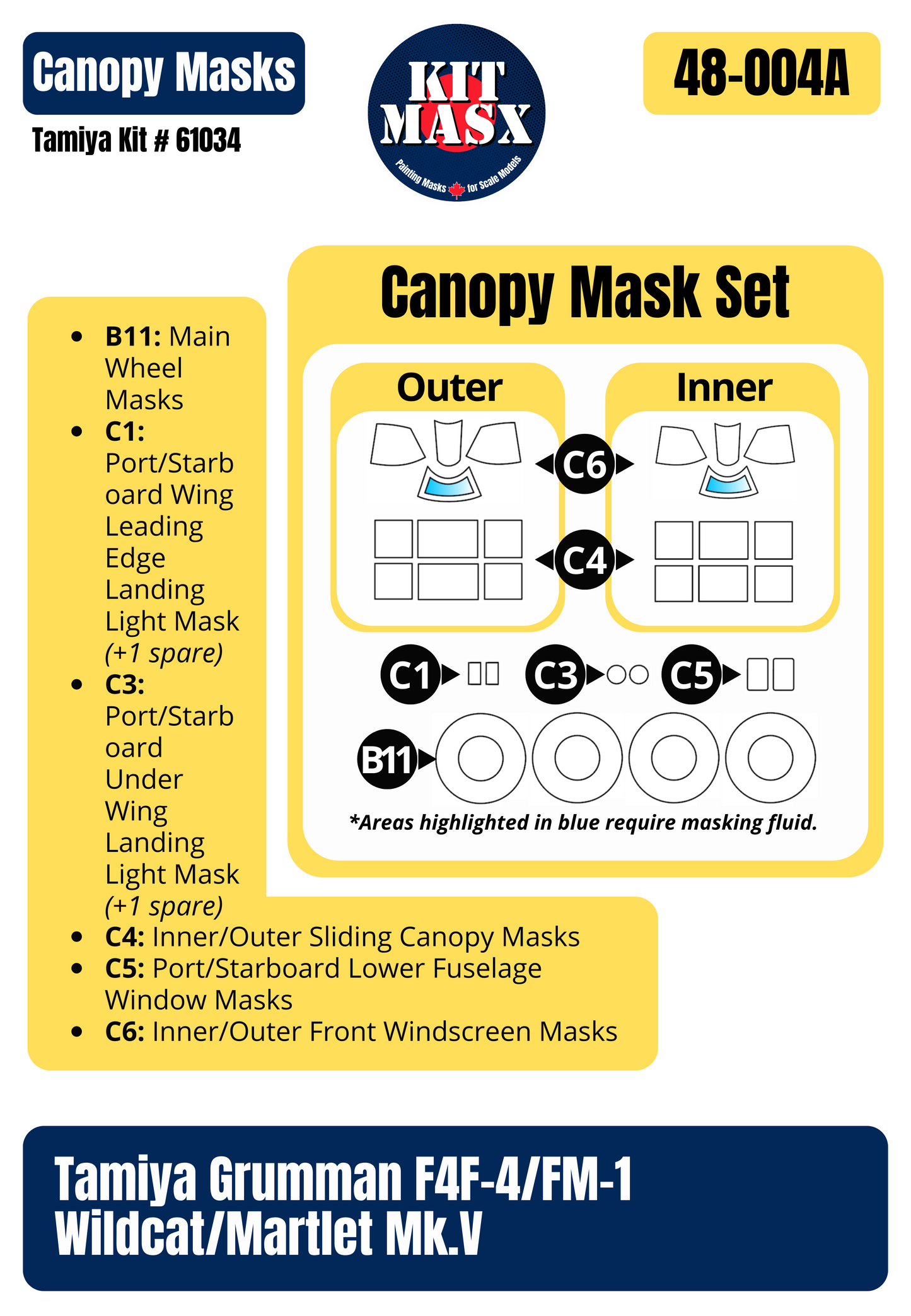 Tamiya Grumman F4F-4 Wildcat “VF-41”, ”VMF-223”, ”VGF-29”, ”VF-22” 1/48 All-in-One Master Mask Set, Kit # 61034