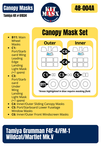 Tamiya Grumman F4F-4 Wildcat “VF-41”, ”VMF-223”, ”VGF-29”, ”VF-22” 1/48 All-in-One Master Mask Set, Kit # 61034