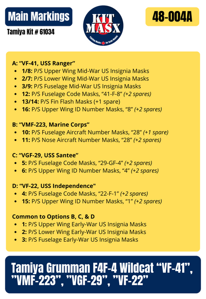 Tamiya Grumman F4F-4 Wildcat “VF-41”, ”VMF-223”, ”VGF-29”, ”VF-22” 1/48 All-in-One Master Mask Set, Kit # 61034