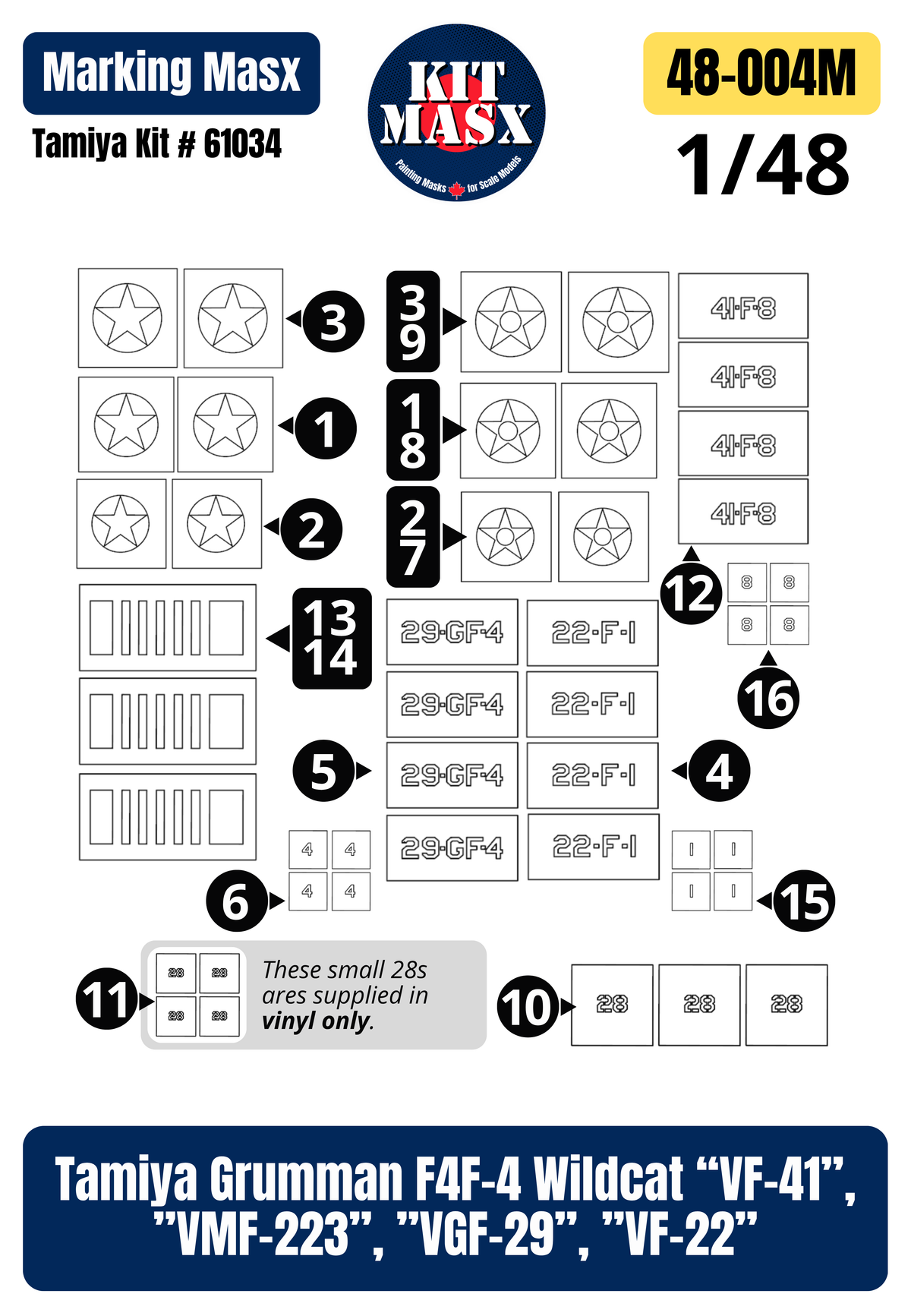 Tamiya Grumman F4F-4 Wildcat “VF-41”, ”VMF-223”, ”VGF-29”, ”VF-22” 1/48 Main Marking Paint Masks, Kit # 61034 (48004M)