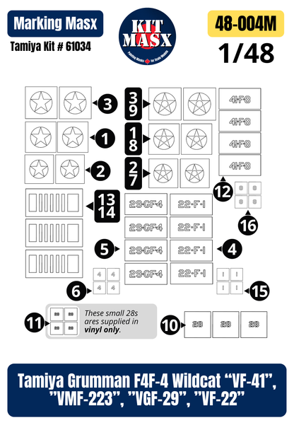 Tamiya Grumman F4F-4 Wildcat “VF-41”, ”VMF-223”, ”VGF-29”, ”VF-22” 1/48 Main Marking Paint Masks, Kit # 61034 (48004M)