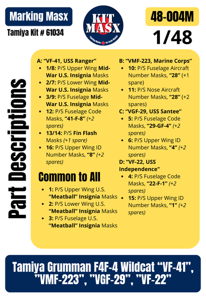 Tamiya Grumman F4F-4 Wildcat “VF-41”, ”VMF-223”, ”VGF-29”, ”VF-22” 1/48 Main Marking Paint Masks, Kit # 61034 (48004M)