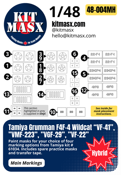 Tamiya Grumman F4F-4 Wildcat “VF-41”, ”VMF-223”, ”VGF-29”, ”VF-22” 1/48 Main Marking Paint Masks, Kit # 61034