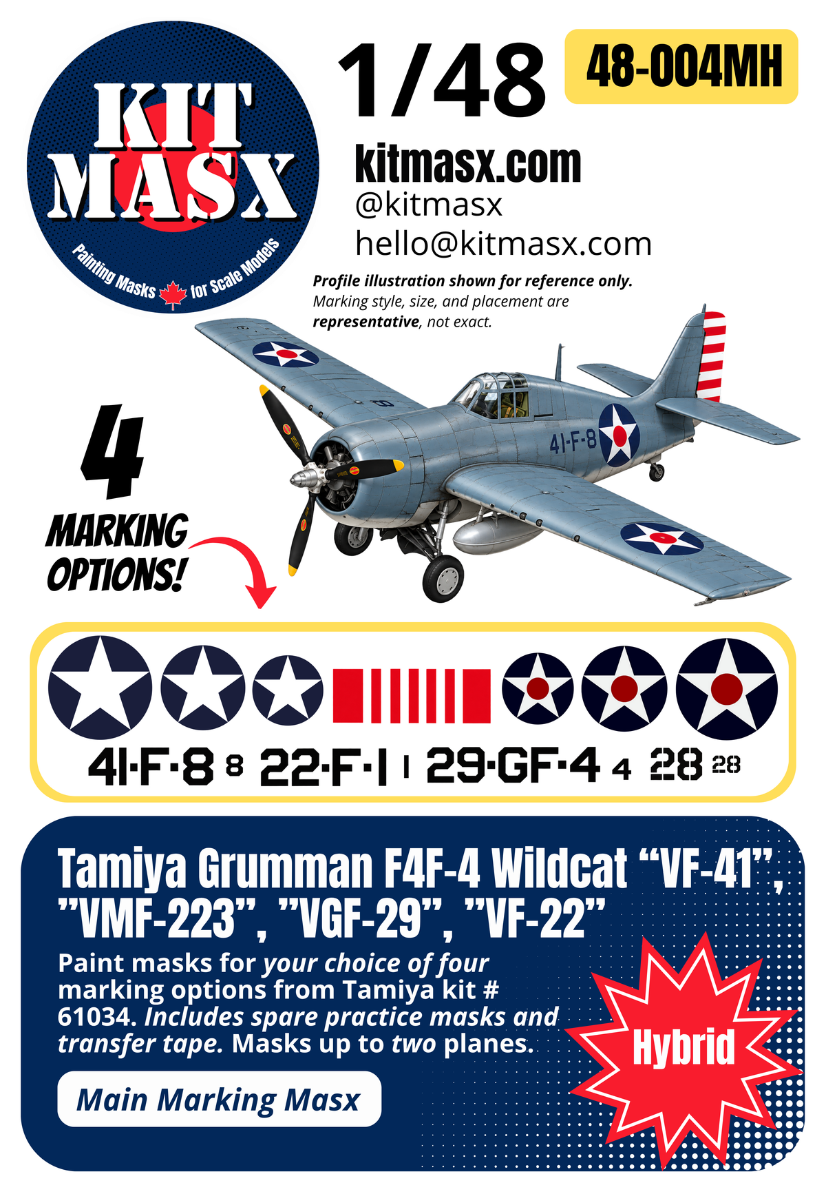 Tamiya Grumman F4F-4 Wildcat “VF-41”, ”VMF-223”, ”VGF-29”, ”VF-22” 1/48 Main Marking Paint Masks, Kit # 61034 (48004M)