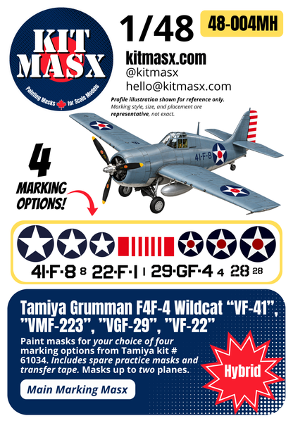 Tamiya Grumman F4F-4 Wildcat “VF-41”, ”VMF-223”, ”VGF-29”, ”VF-22” 1/48 Main Marking Paint Masks, Kit # 61034 (48004M)