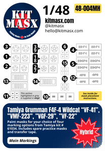 Tamiya Grumman F4F-4 Wildcat “VF-41”, ”VMF-223”, ”VGF-29”, ”VF-22” 1/48 Main Marking Paint Masks, Kit # 61034