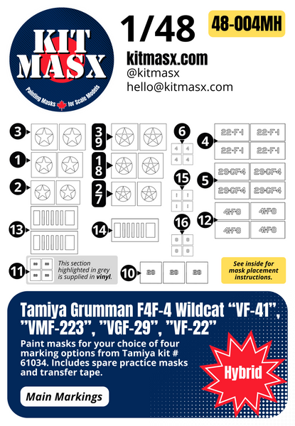 Tamiya Grumman F4F-4 Wildcat “VF-41”, ”VMF-223”, ”VGF-29”, ”VF-22” 1/48 Main Marking Paint Masks, Kit # 61034