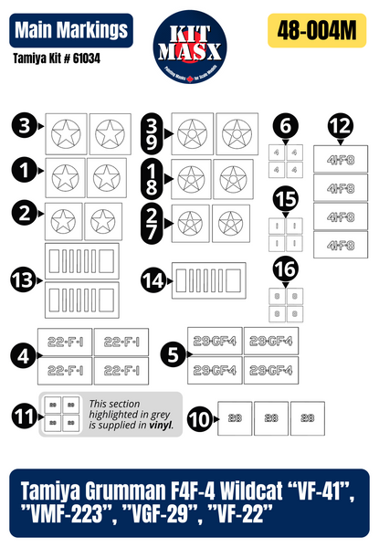 Tamiya Grumman F4F-4 Wildcat “VF-41”, ”VMF-223”, ”VGF-29”, ”VF-22” 1/48 Main Marking Paint Masks, Kit # 61034