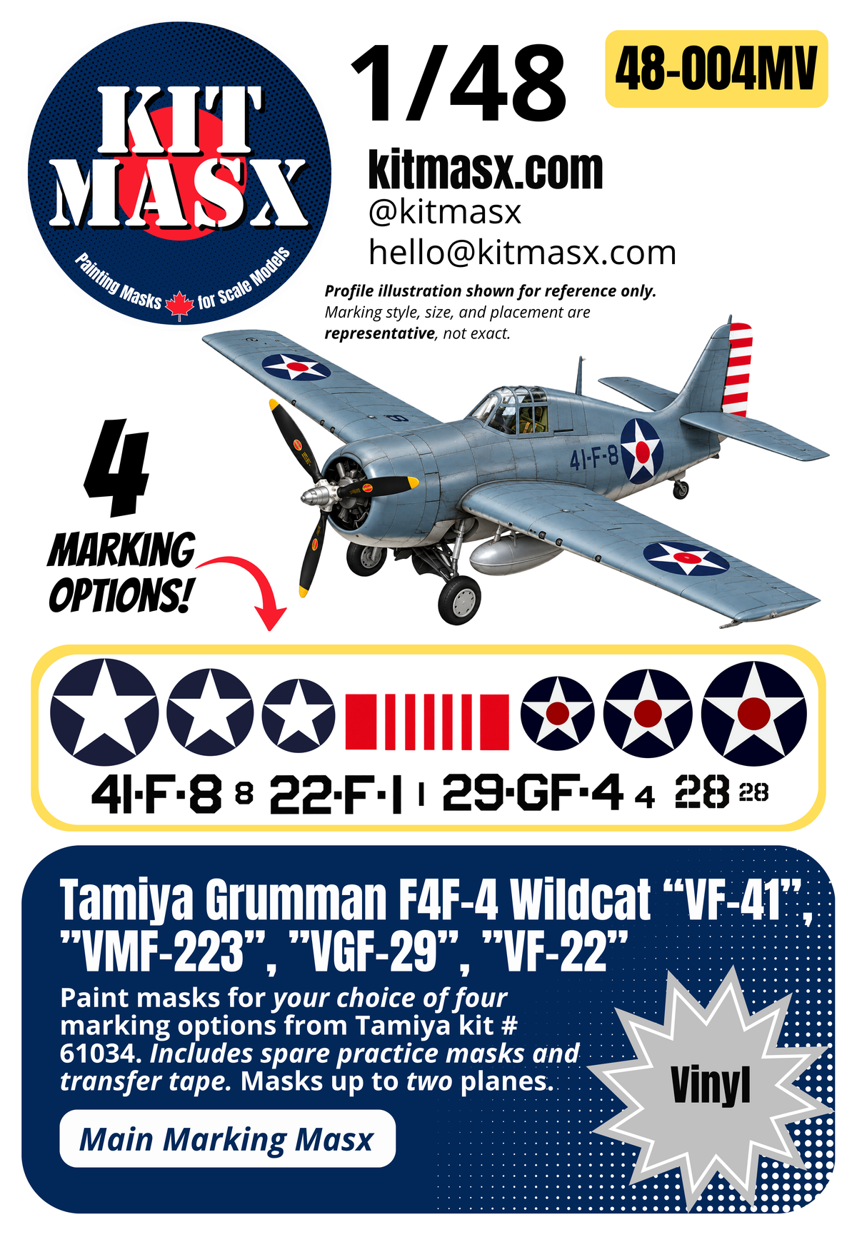 Tamiya Grumman F4F-4 Wildcat “VF-41”, ”VMF-223”, ”VGF-29”, ”VF-22” 1/48 Main Marking Paint Masks, Kit # 61034 (48004M)