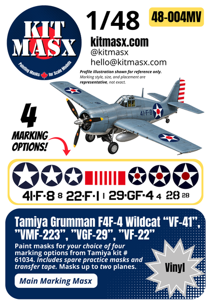 Tamiya Grumman F4F-4 Wildcat “VF-41”, ”VMF-223”, ”VGF-29”, ”VF-22” 1/48 Main Marking Paint Masks, Kit # 61034 (48004M)