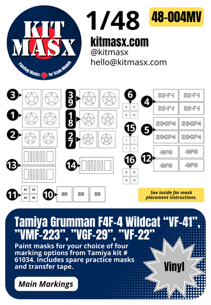 Tamiya Grumman F4F-4 Wildcat “VF-41”, ”VMF-223”, ”VGF-29”, ”VF-22” 1/48 Main Marking Paint Masks, Kit # 61034