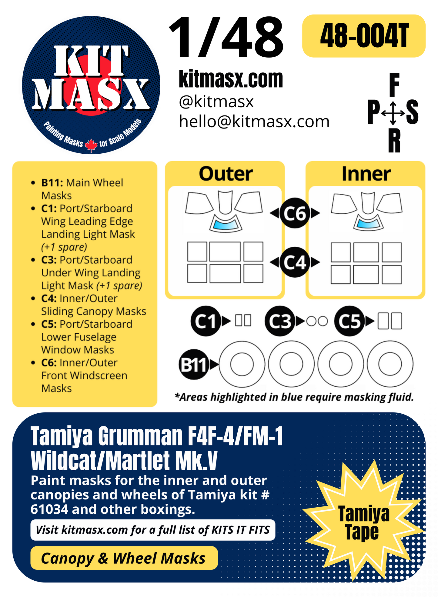 Tamiya Grumman F4F-4/FM-1 Wildcat/Martlet Mk.V 1/48 Canopy & Wheel Paint Masks, Kit # 61034
