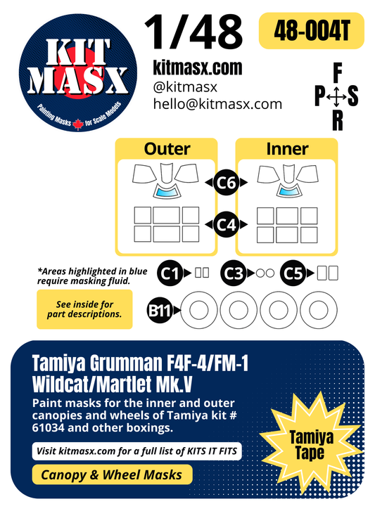 Tamiya Grumman F4F-4/FM-1 Wildcat/Martlet Mk.V 1/48 Canopy & Wheel Paint Masks, Kit # 61034
