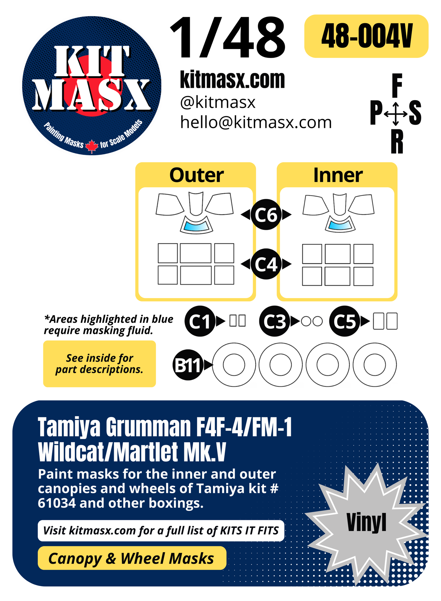 Tamiya Grumman F4F-4/FM-1 Wildcat/Martlet Mk.V 1/48 Canopy & Wheel Paint Masks, Kit # 61034