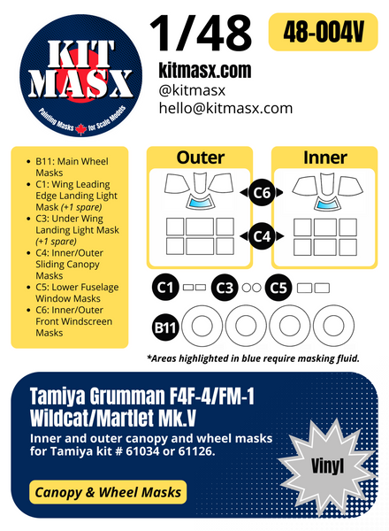 Tamiya Grumman F4F-4/FM-1 Wildcat/Martlet Mk.V 1/48 Canopy & Wheel Paint Masks